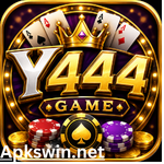 Y444 Game casino-style logo with gold lettering, playing cards, poker chips, crown, and purple background.
